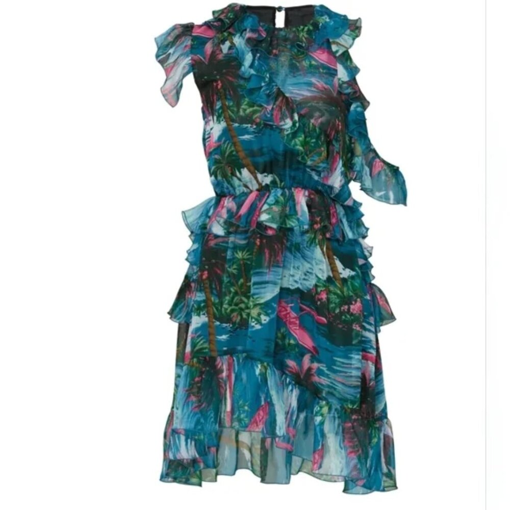 MSGM Milano Teal Dress $990 Ruffle Crepe Mini Sun Sheath Tiered Mermaid IT42 6